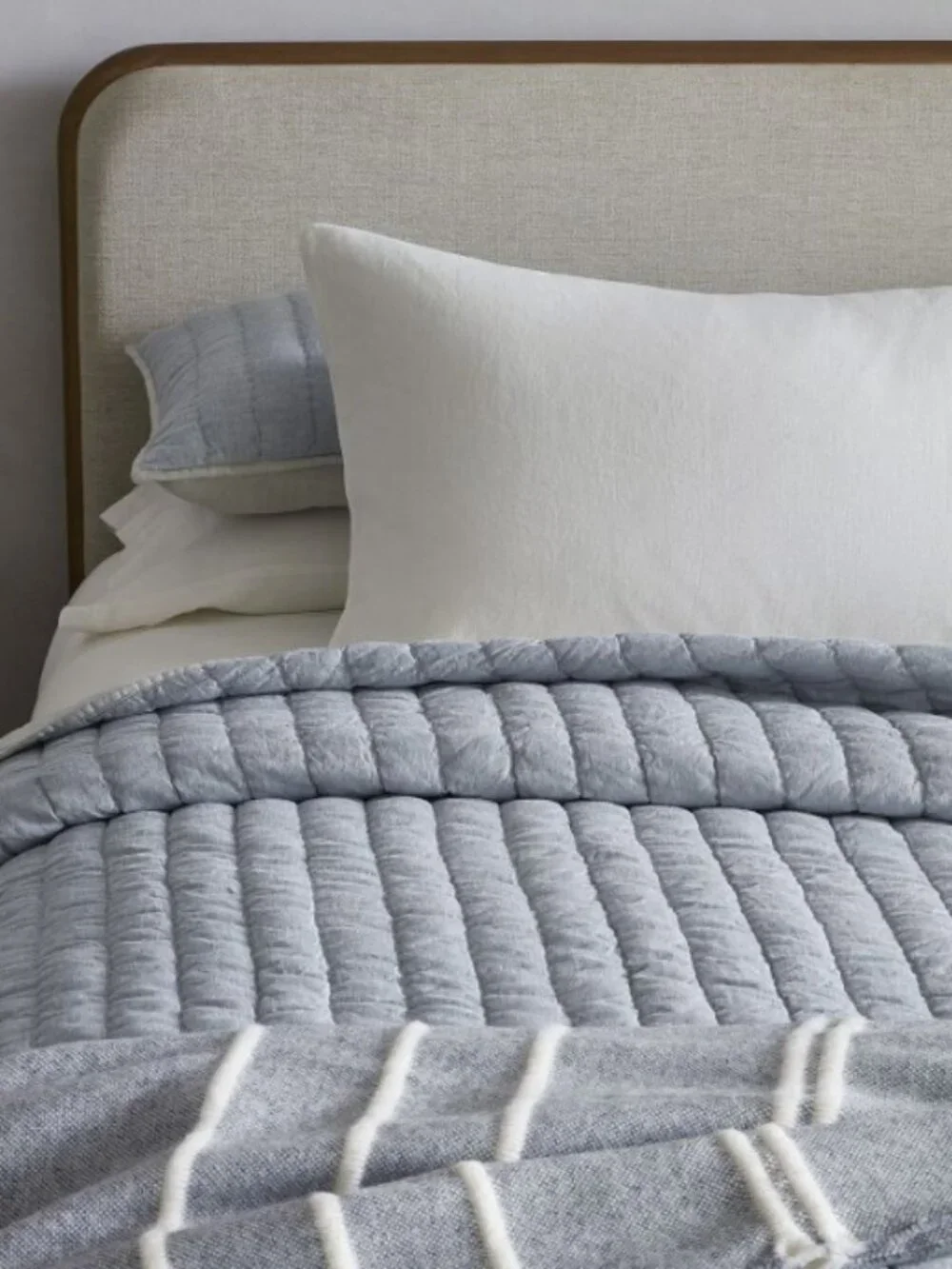 West Elm European Linen Cotton Pick Stitch Queen Quilt & King Shams Arctic Blue